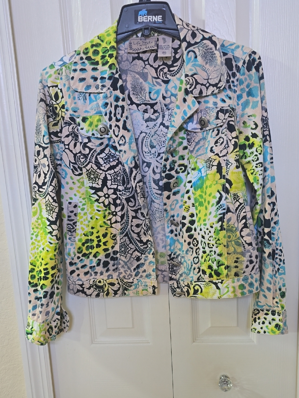Women's Neon Patterned Jean Jacket in Lime & Aqua